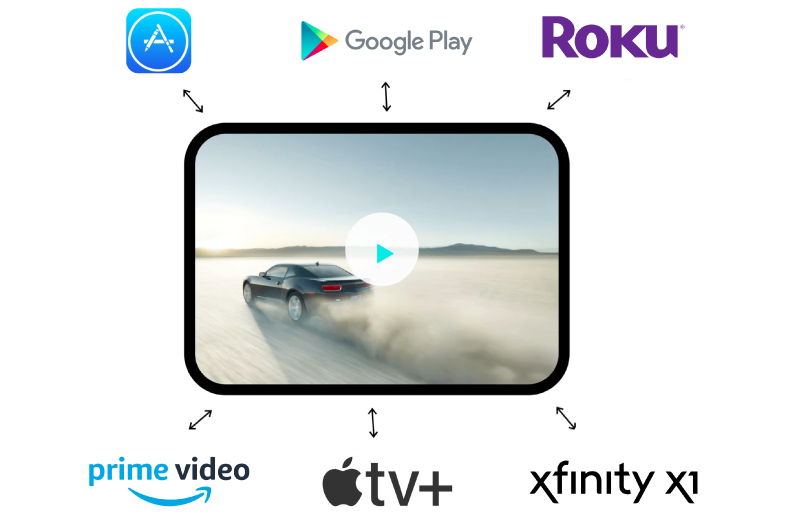 Streaming video content with social media icons surrounding it