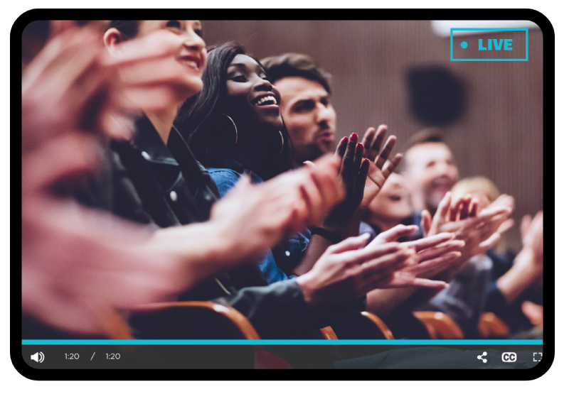 Live video feed of an audience applauding at a Brightcove Simulive event on a tablet.