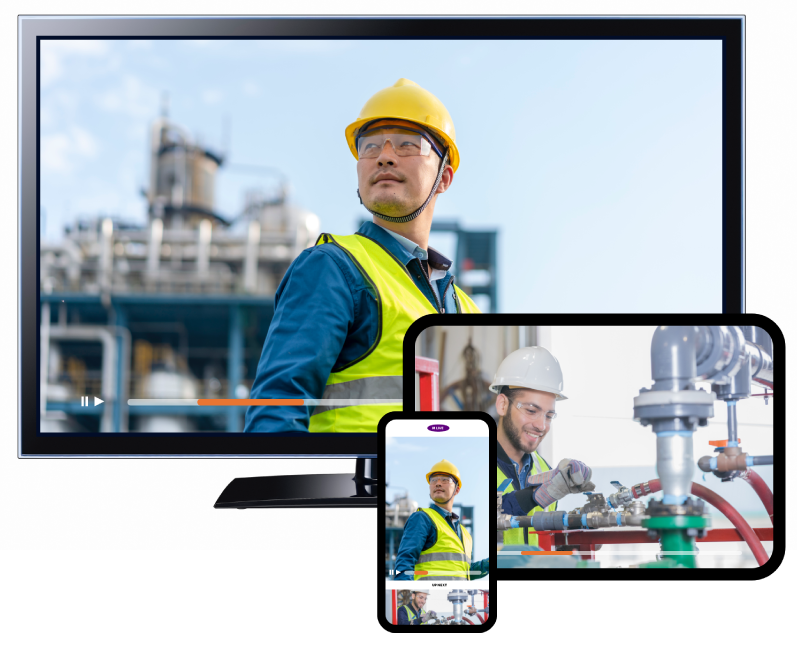 Contenido de vídeo para empleados de una empresa de petróleo y gas en un teléfono inteligente, una tablet y un televisor