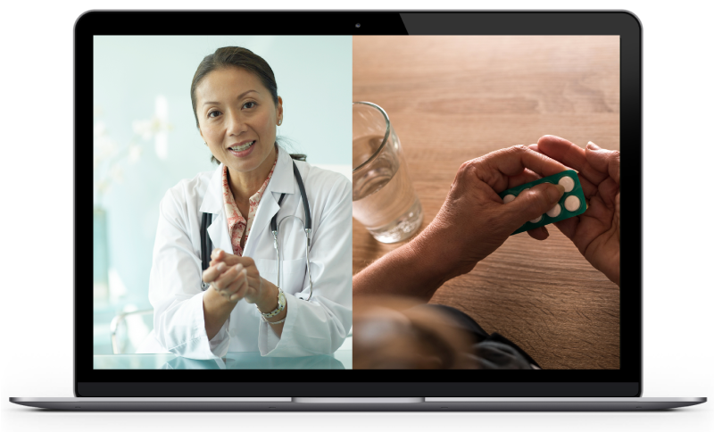 노트북에 표시된 의학 정보를 설명하는 의사와 처방 약을 먹는 환자