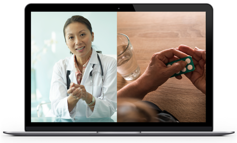 Doctor is sharing medical information while a patient is taking prescriptions on a laptop