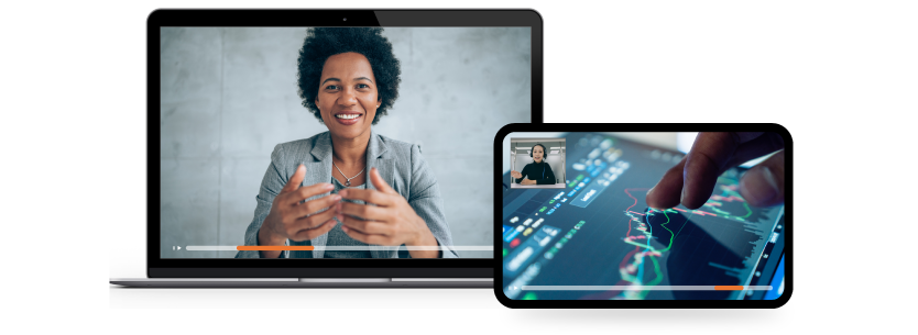 Finance video live streaming content on a laptop and tablet