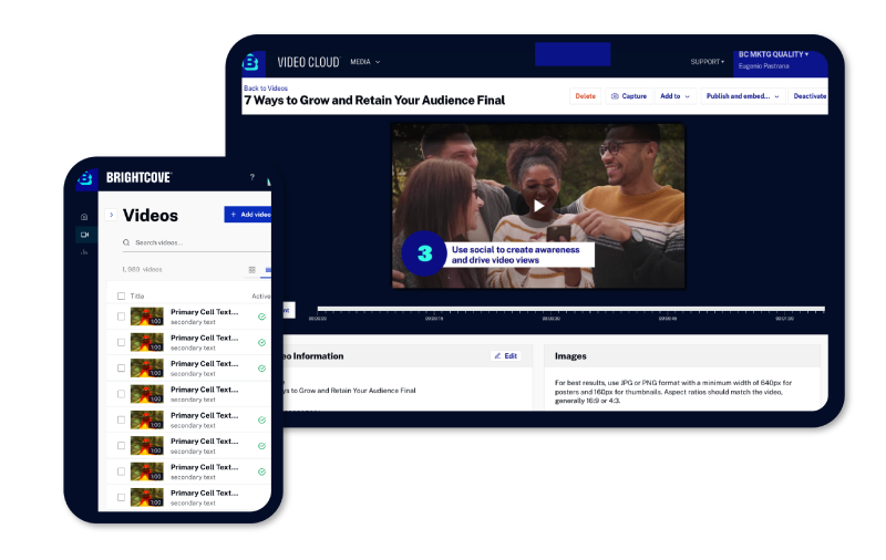Brightcove Video Cloud interface on a tablet and smartphone