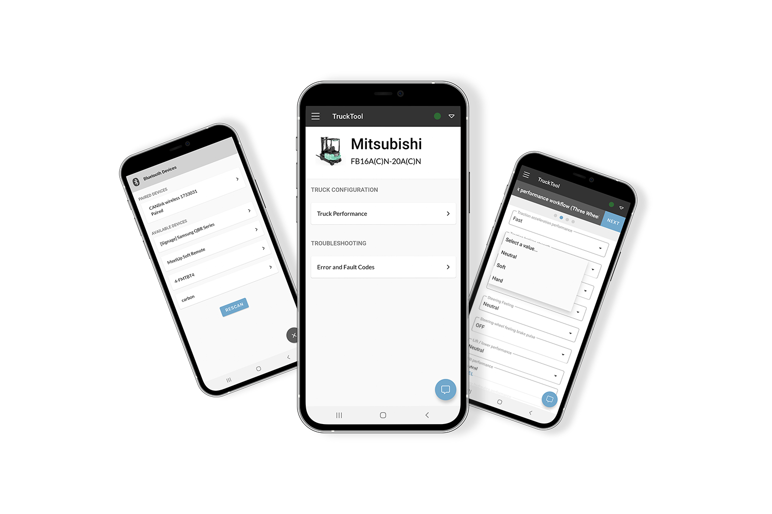 Kuvassa näkyy sinisellä taustalla kolme älypuhelinta, joissa auki Logisnext Mitsubishin TruckTool mobiilisovellus