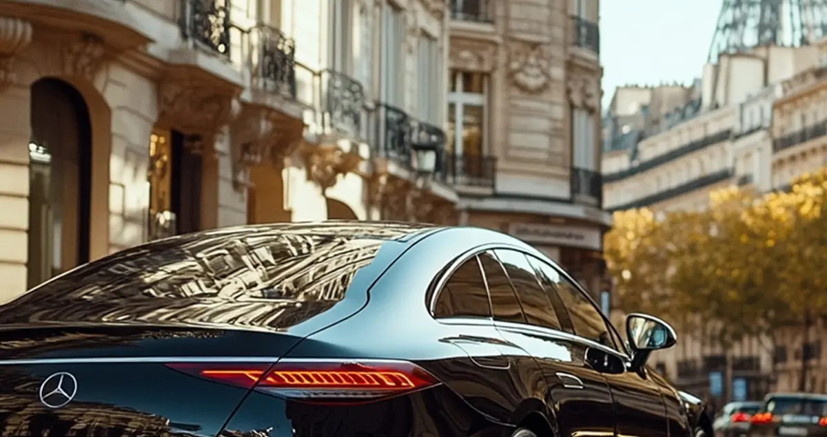 Close-up of the rear of a Blacklane Mercedes EQS limousine on the streets of Paris with part of the Eiffel Tower in the background.