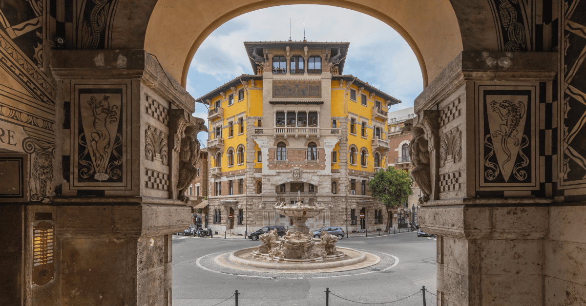 <figcaption class="wp-element-caption">Quartiere Coppedè, a unique and charming district in Rome, is known for its distinctive architectural style and eclectic design. <em>Image credit: Daniel OUDIN/Gettyimages</em></figcaption>