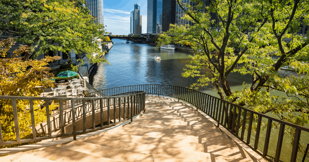 <figcaption>Stairs to the Chicago Riverwalk. <em>Image credit: Pgiam/iStock</em></figcaption>