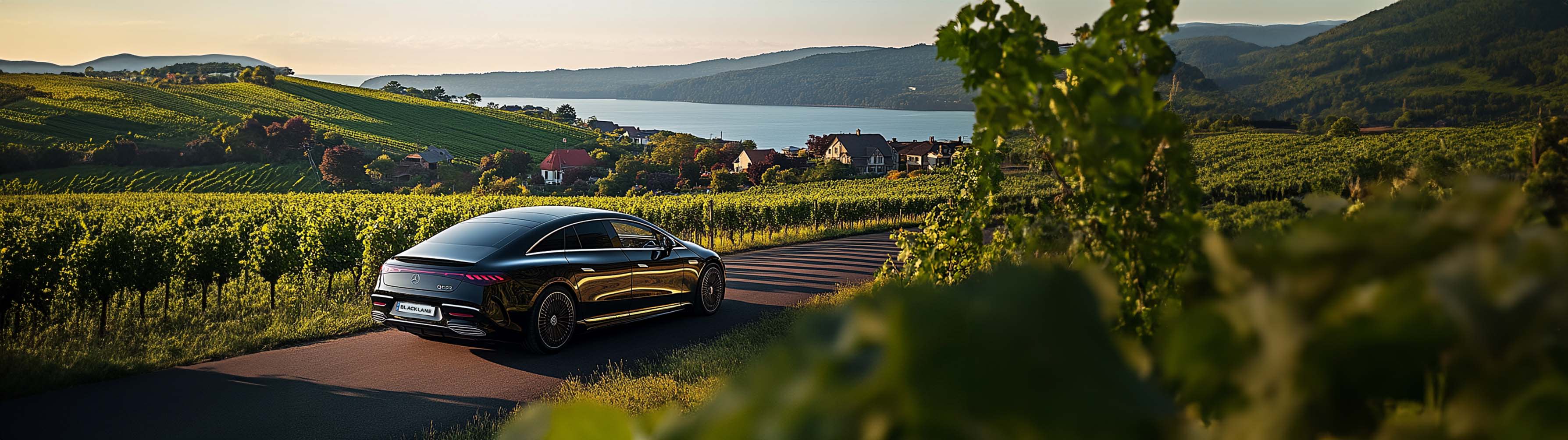 A Blacklane Mercedes limo speeds through vineyards going from NYC to Greenport.