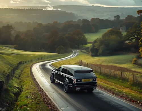 A Blacklane Range Rover speeds through the verdant English countryside on the way to a golf course in the distance.