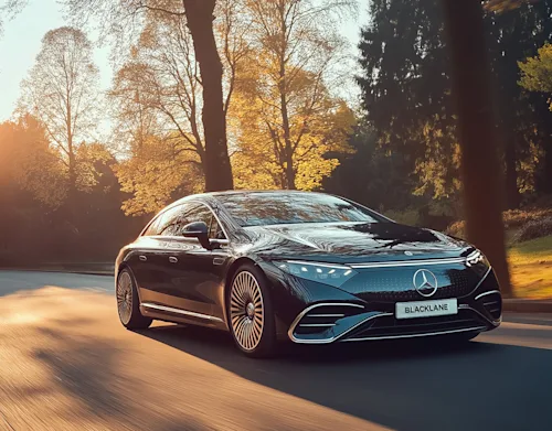 A Blacklane Mercedes EQE speeds through the wooded countryside at sunset.