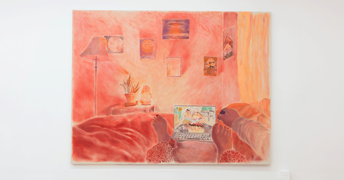 <figcaption>Still life (British Bake-off), oil on canvas, 97"x75", 2018. <em>Image credit: Sarah Thibault</em></figcaption>