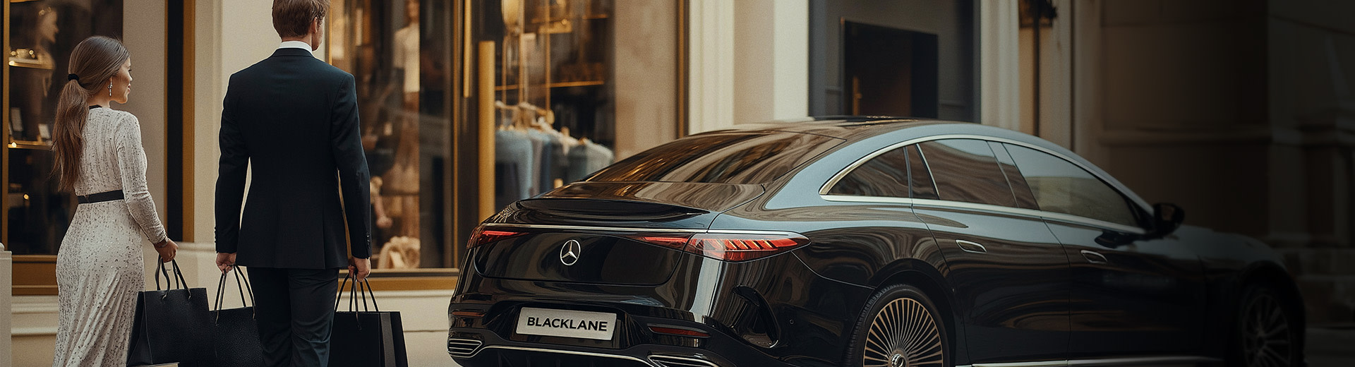 A guest walks toward a black Mercedes-Benz with her chauffeur at her side carrying shopping bags.