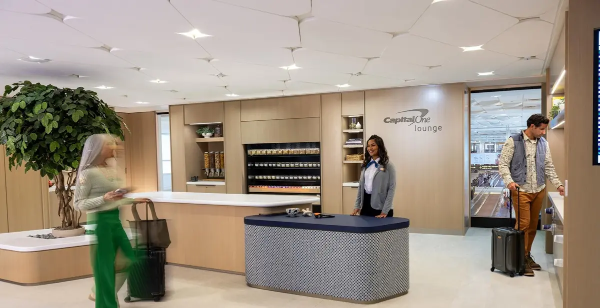 Reception area at the Capital One Lounge in Denver Airport.
