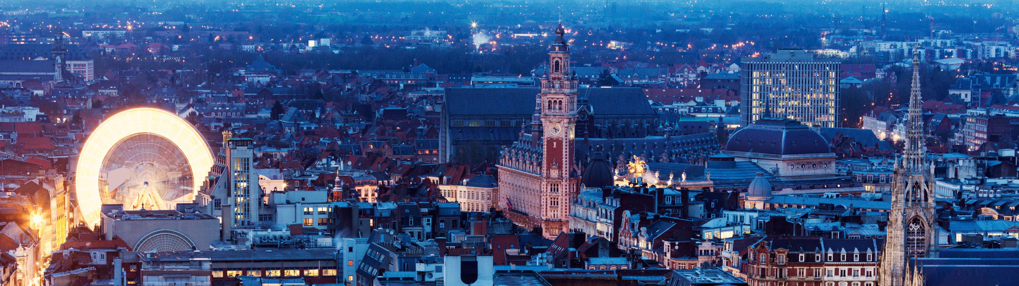 The French city of Lille lit up at night, with street lights and traffic lighting up the sky.