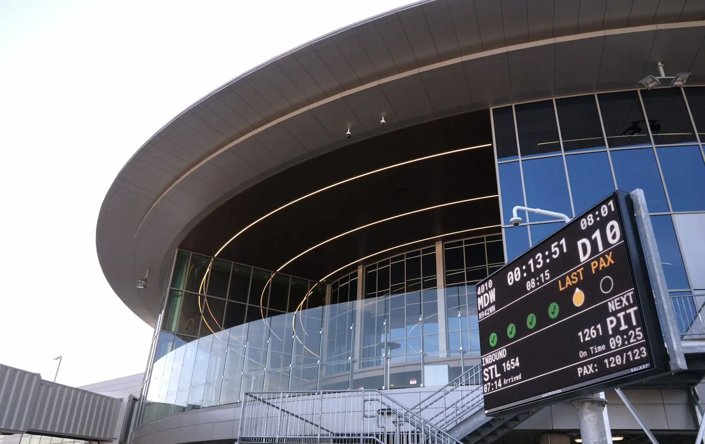 Exterior shot of the remodeled Concourse D at Nashville International Airport, showing its glass terrace.