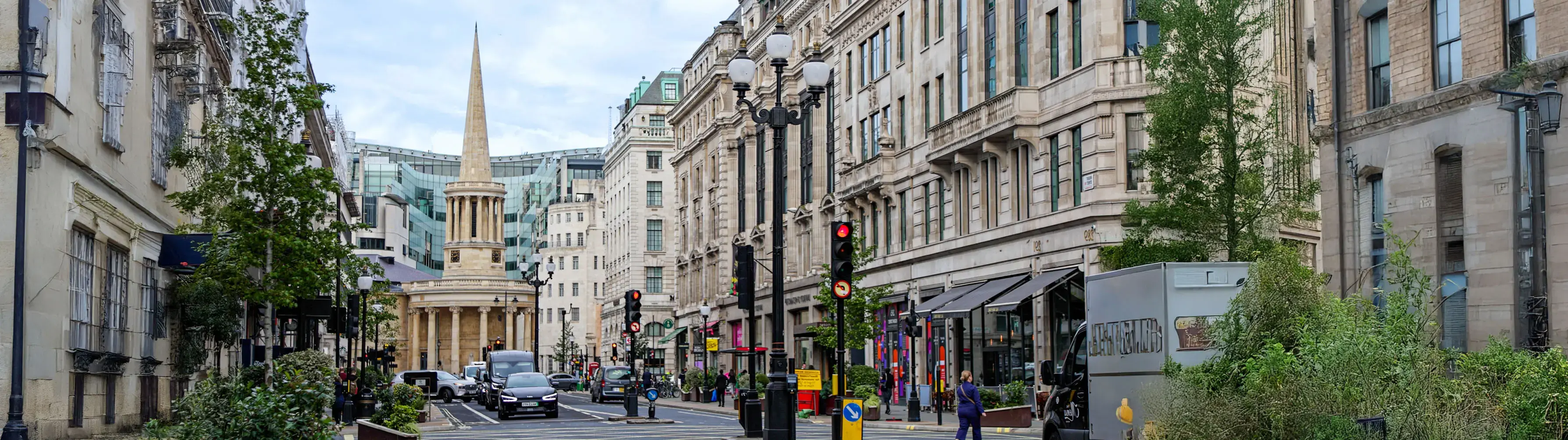 London's Regent Street in Marylebone, with BBC Broadcasting House in the background.