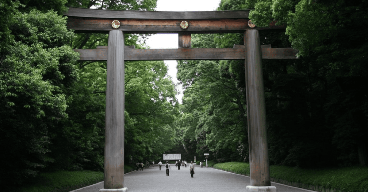 <figcaption class="wp-element-caption">The sacred forest surrounding the main shrine buildings of Meiji Jingu. <em>Image credit: Wikimedia</em></figcaption>