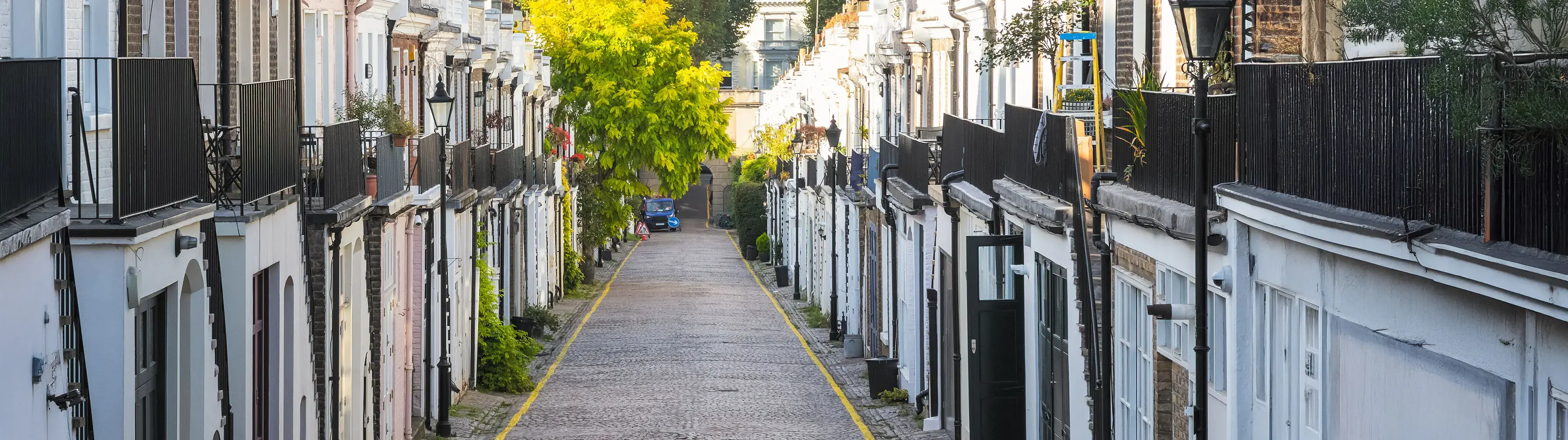 A lane of terraced houses in Holland Park, London.