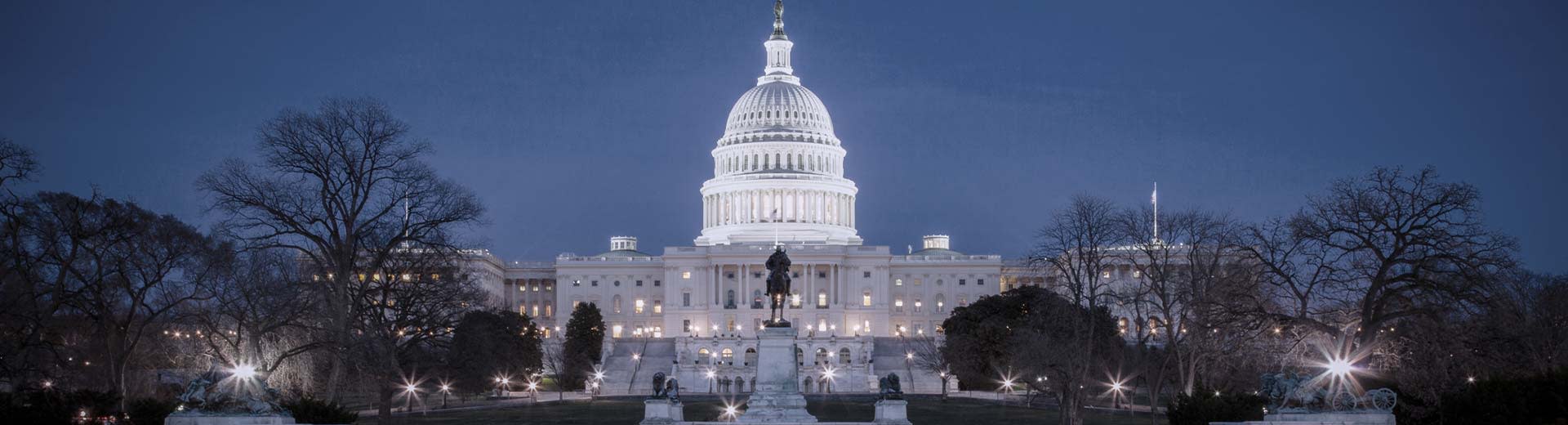 海军蓝的天空映衬着华盛顿特区最著名的地标之一--国会大厦在黑暗中熠熠生辉。