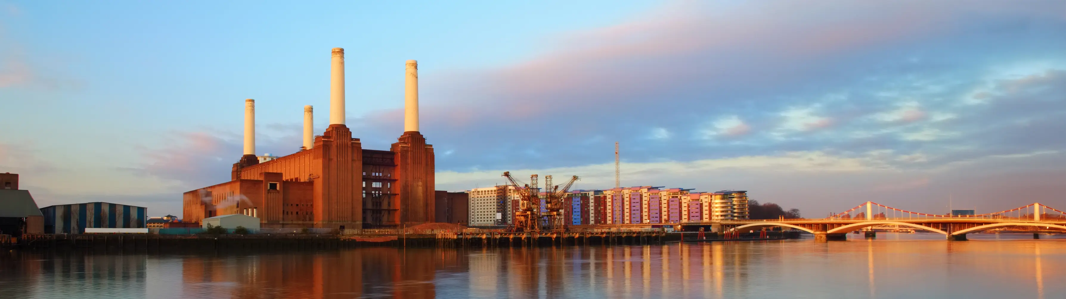 Battersea power station at sunset, shot from across the Thames.