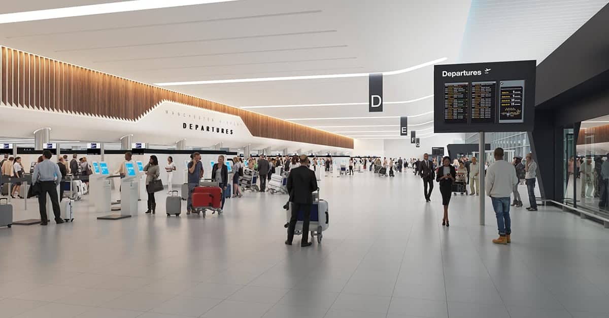 <figcaption>Rendered image of Manchester Airport renovation.<em> Image credit: Manchester Airport</em></figcaption>