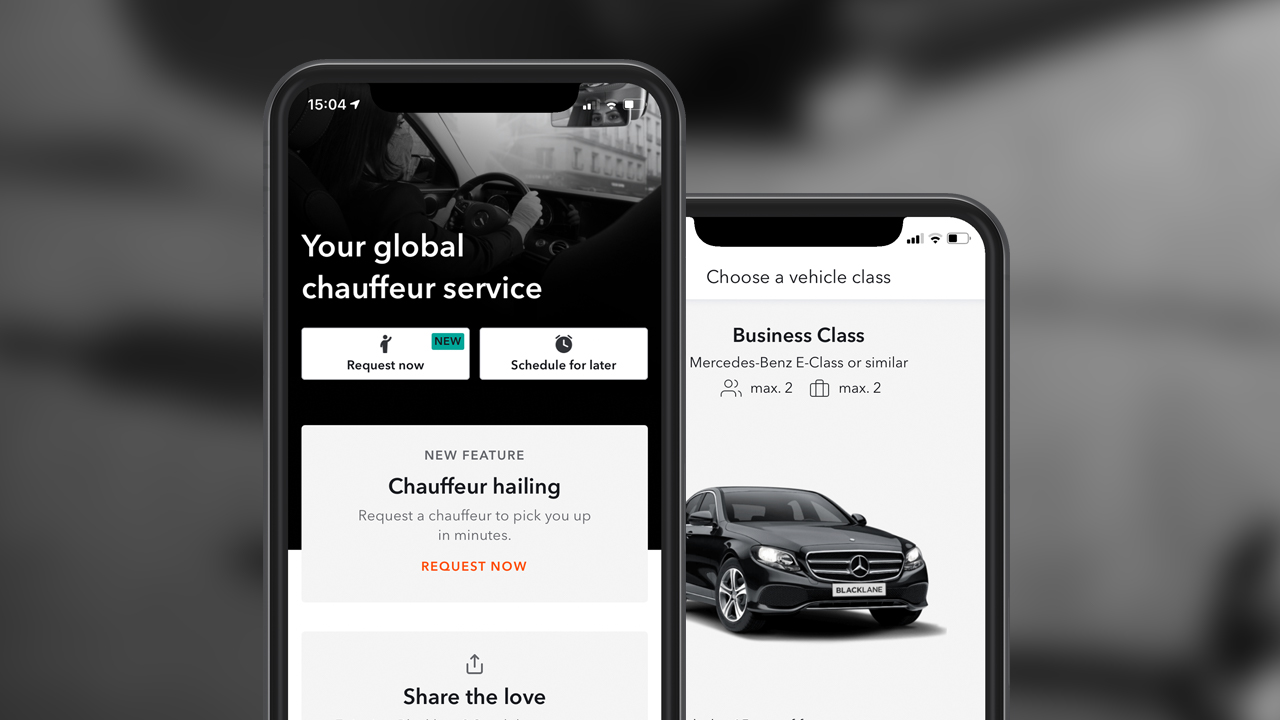 Two smartphones, one showing the Blacklane app homescreen, the other showing the vehicle class selection screen.