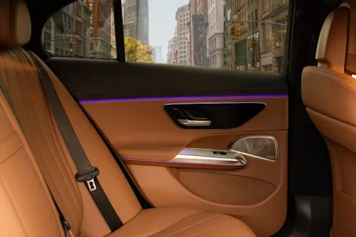 Interior shot of the rear door of a Blacklane Business Class vehicle.
