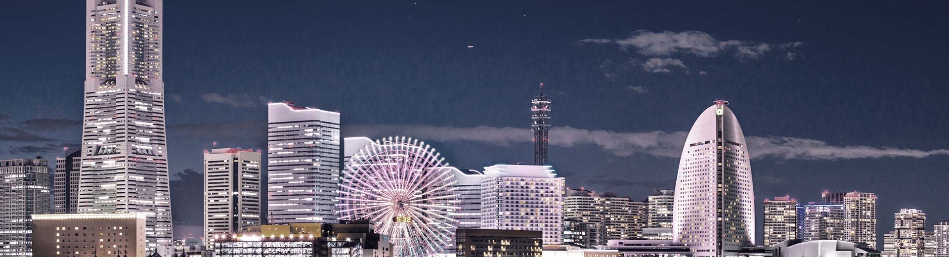 横浜の夜、近代的な高層ビルが立ち並び、手前に不遜な観覧車が暗闇を照らす。