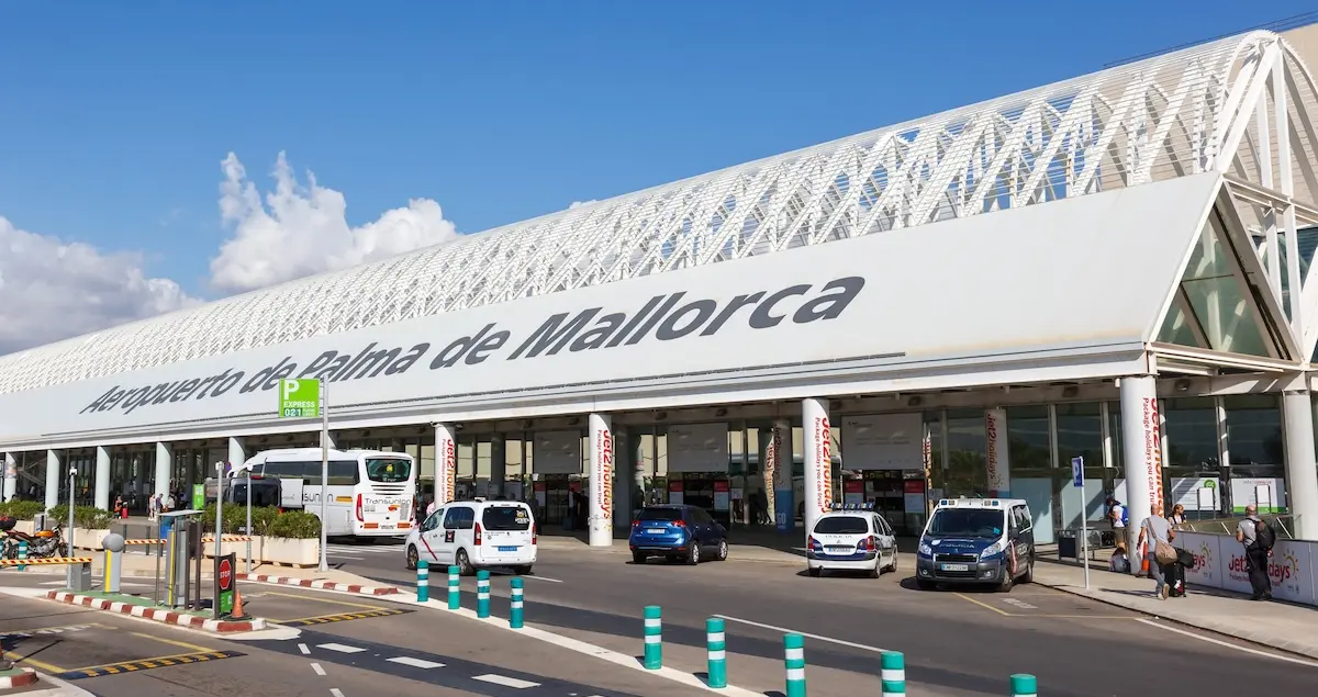 Exterior shot of the modern terminal building of Palma de Mallorca airport (PMI) in Spain.