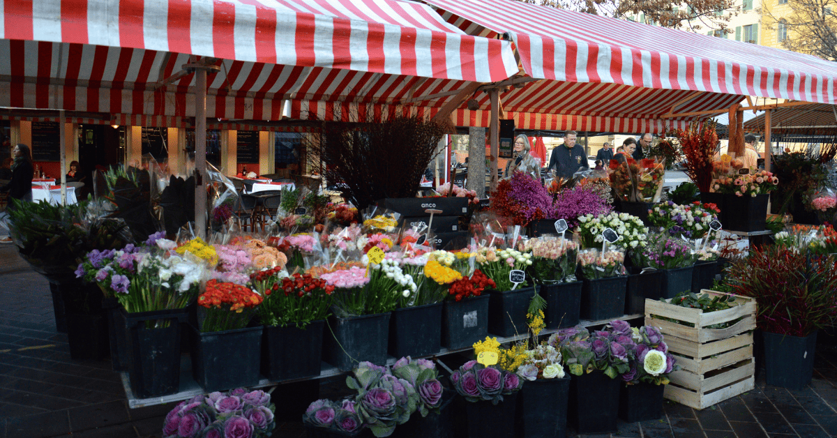 <figcaption class="wp-element-caption">Marché aux fleurs Cours Saleya, Nice, France. <em>Image credit: Wikimedia</em></figcaption>