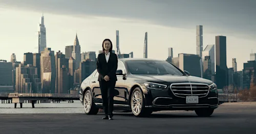 A female Blacklane chauffeur leans on a Mercedes limo with the NYC skyline in the background.