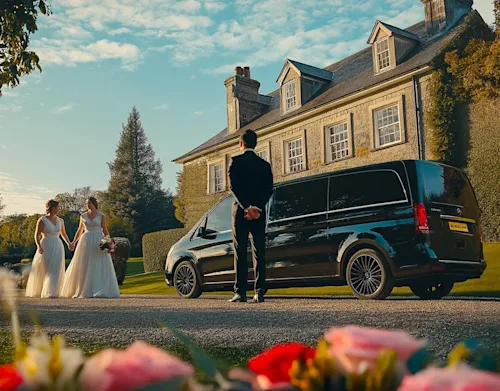 Two brides stand outside a country house with a chauffeur and van beside them.