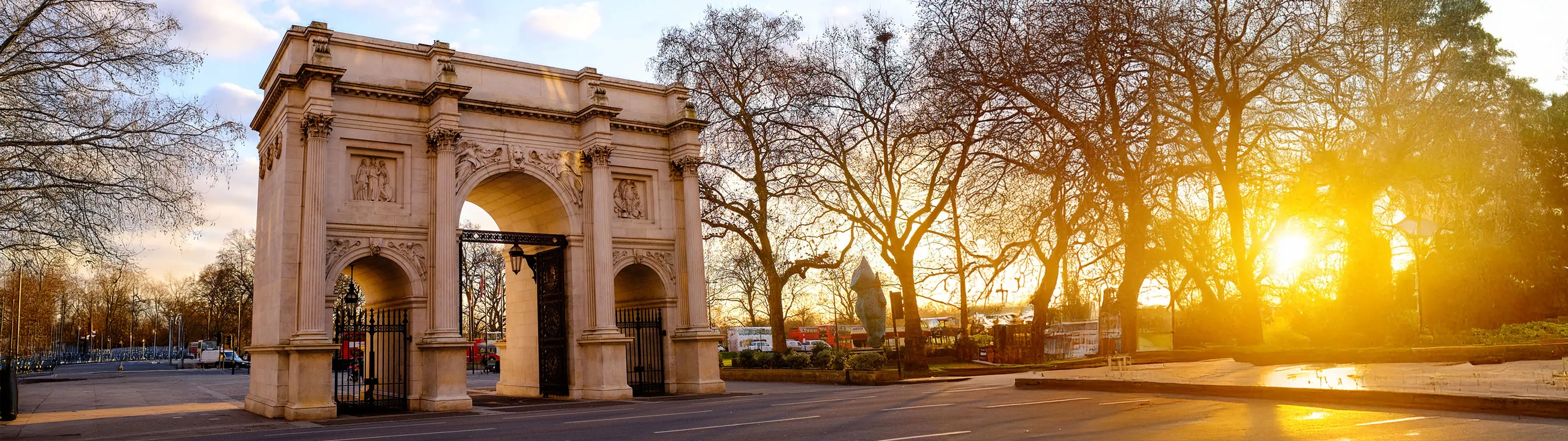 London's Marble Arch is lit by the morning sunrise.