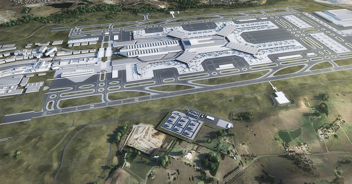 <figcaption>An aerial render of the proposed Western Sydney Airport. <em>Image credit: Western Sydney Airport</em></figcaption>