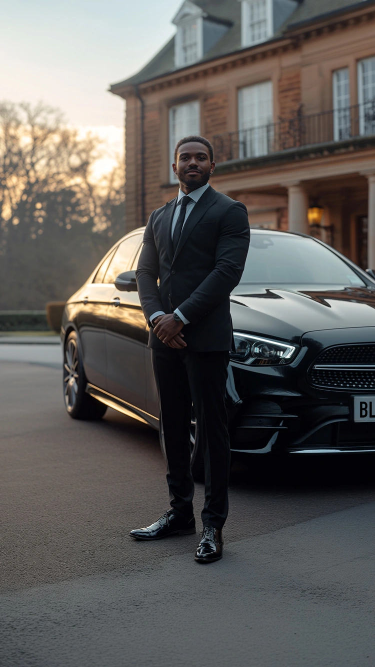A Blacklane chauffeur stands proudly next to a Mercedes EQE outside a British country house at dusk.