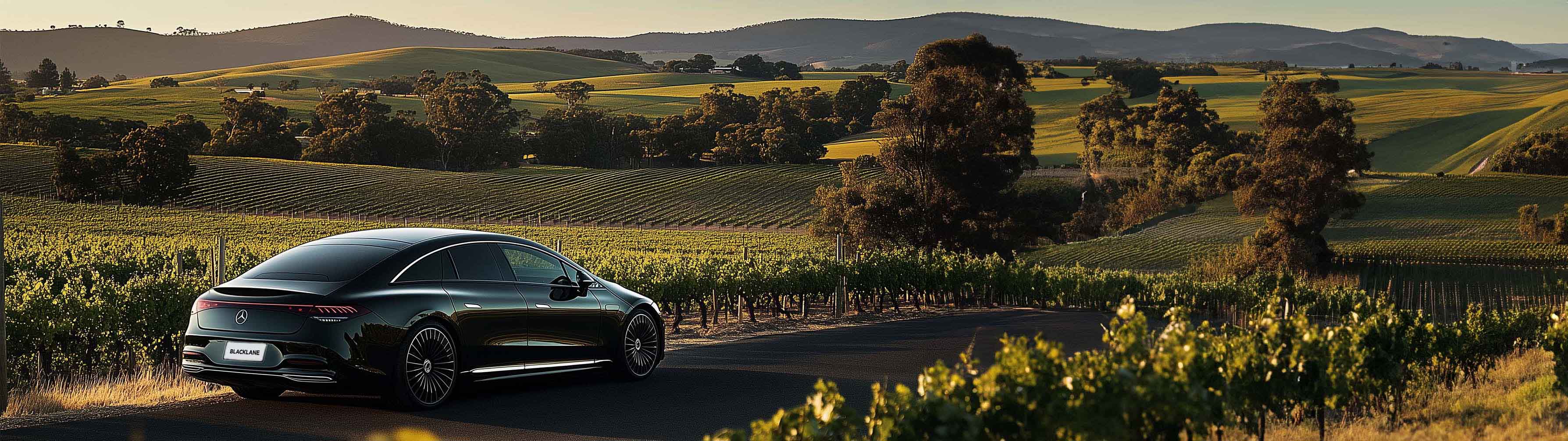 A Blacklane Mercedes limo drives through vineyards travelling from Adelaide to Barossa Valley Australia.