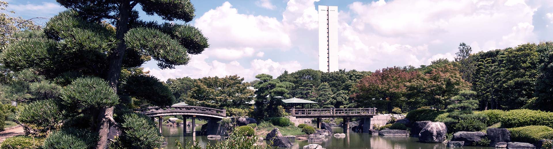 伝統的な緑の日本庭園がイメージを支配し、背景には一軒の白い建物がそびえ立っている。