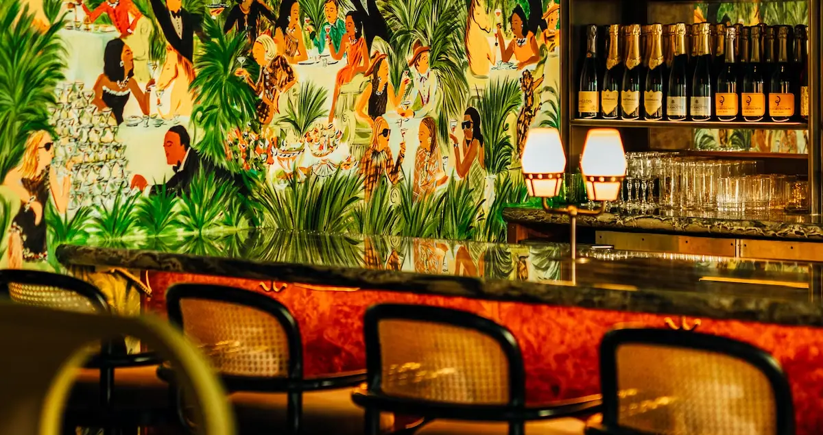 Close-up on the colorful bar at The Marigold Club private dining restaurant in Houston.