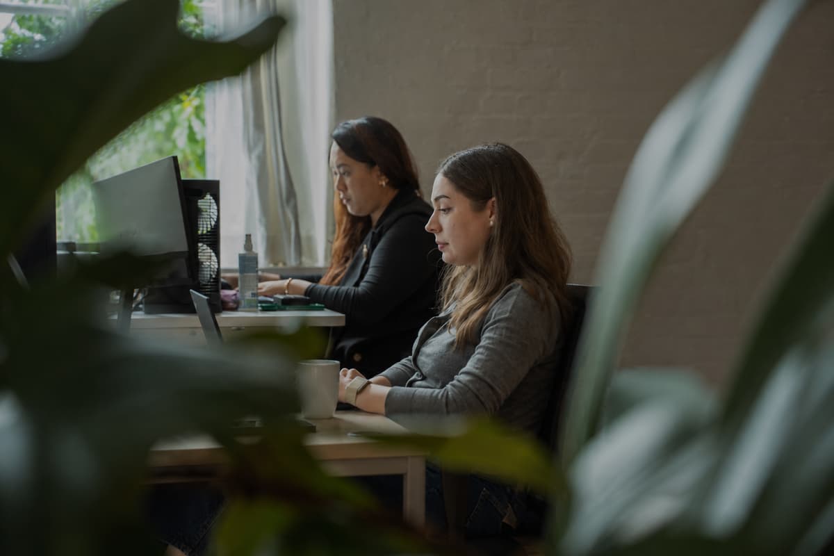 Two women working at their desks with computer monitors.