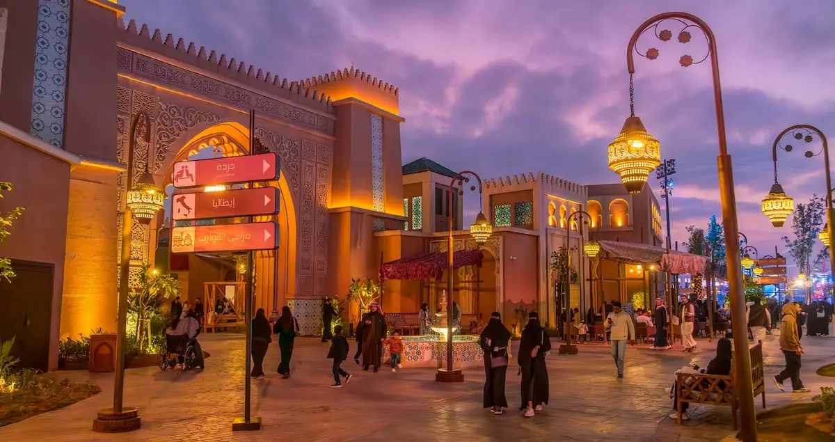 Ornate Moorish gate and souq-inspired streets in the Morocco Zone, in Boulevard World amusement park, at Riyadh.
