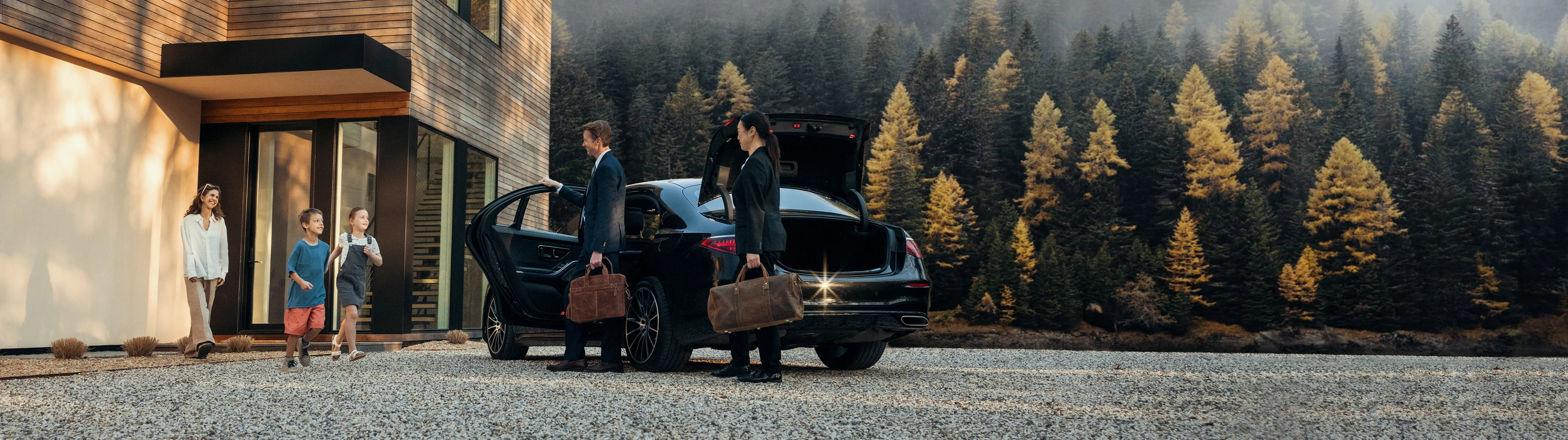 A man arrives at his home, greeting his kids while his chauffeur unloads his luggage.