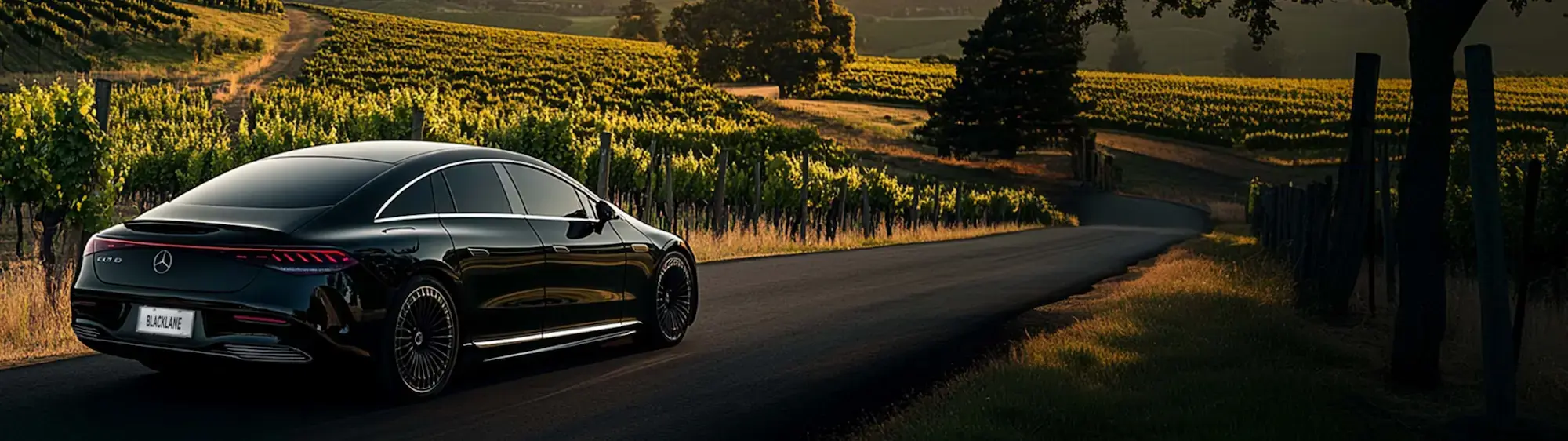 A Blacklane Mercedes limo travels past vineyards from San Francisco to Sonoma.