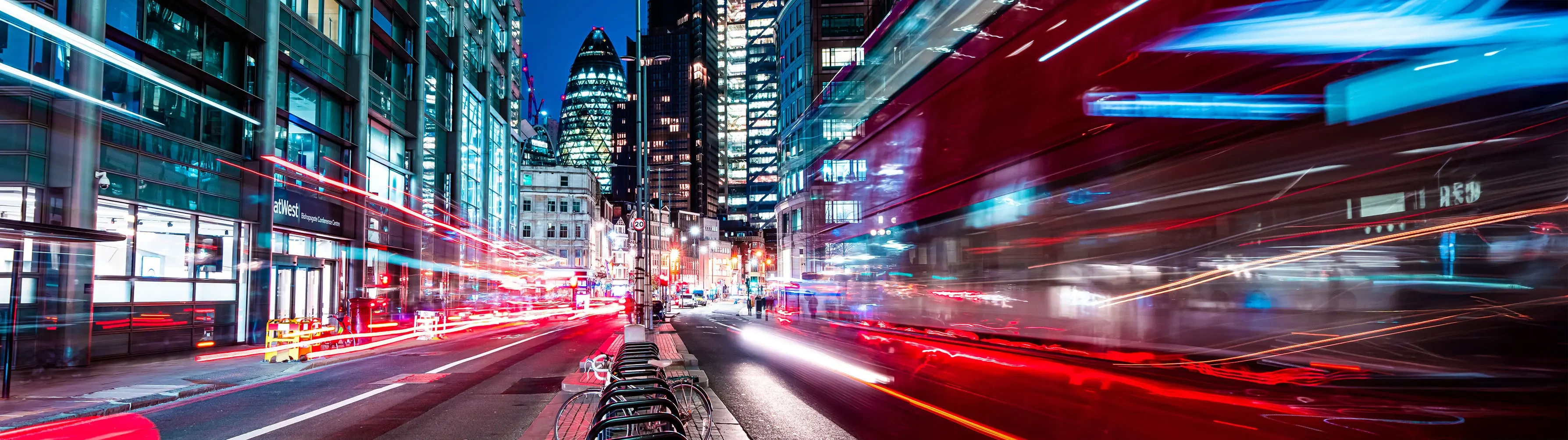 Slow exposure of a street around London's Liverpool Street at night.