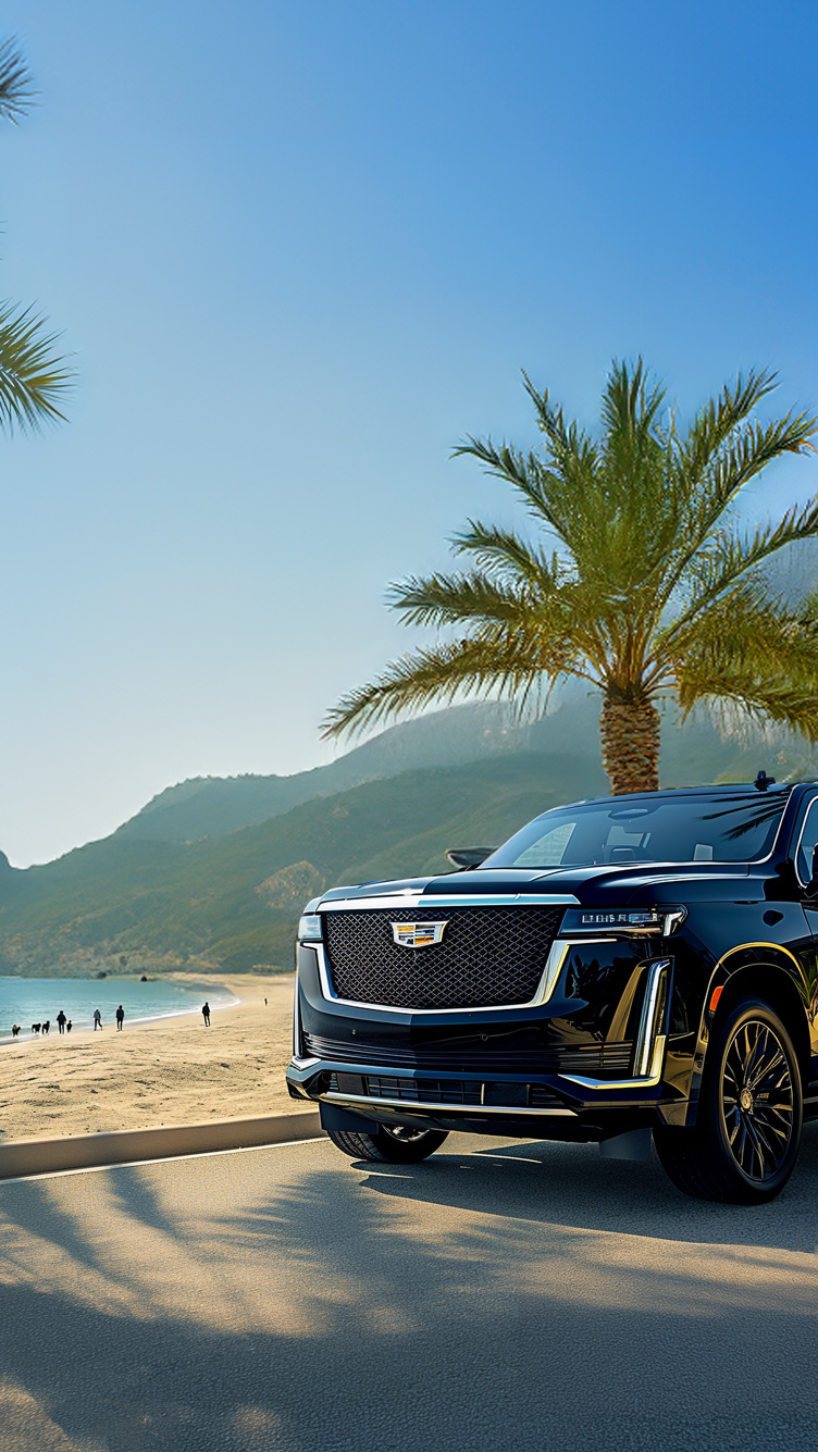 Black SUV is parked near the curb in front of a beach and palm tree.