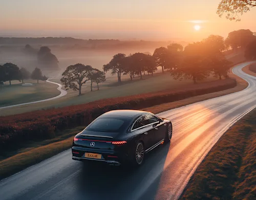 A Blacklane Mercedes limo drives along a road past fields of vines at sunset.