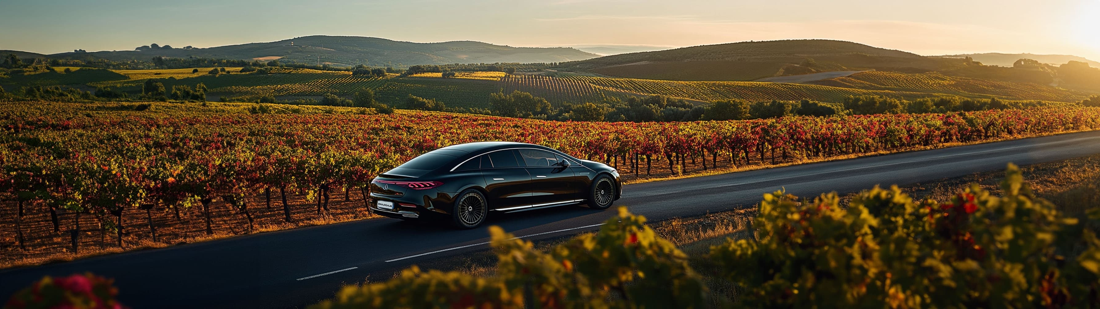 A Blacklane Mercedes limo drives past sunset vineyards on the journey from Madrid to Rioja.