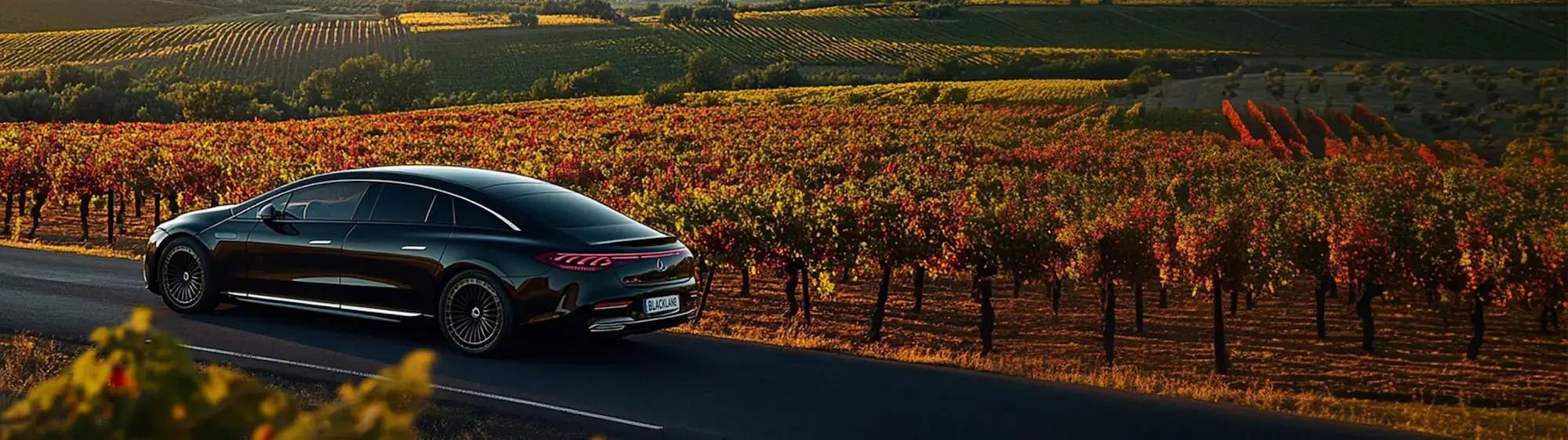 A Blacklane Mercedes limo drives past sunset vineyards on the journey from Madrid to Rioja.