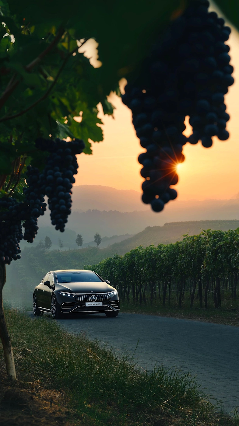 A Blacklane Mercedes limo speeds past some vineyards at sunset.