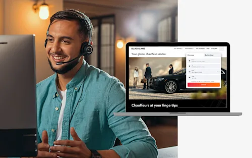 A Blacklane Customer Care agent wearing a headset speaks to a customer with an inlaid image of the website on a laptop.