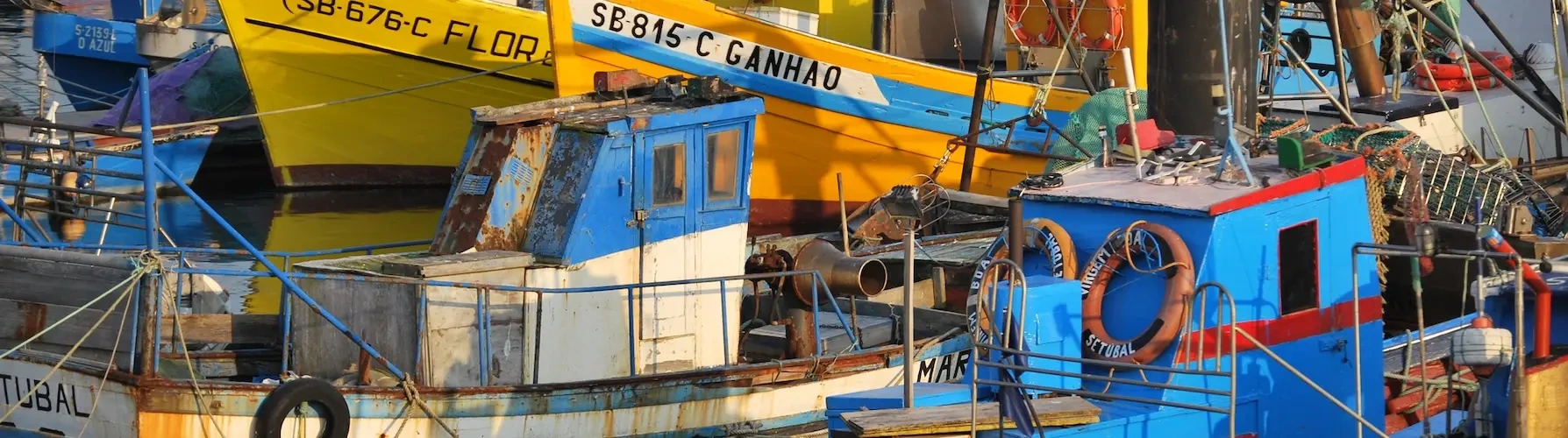 Colorful fishing boats in the harbour in Setúbal, Portugal.